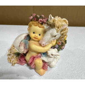 Cherub, Unicorn, & Bunny Figurine With Flowers Decoration VTG Art Deco Gift